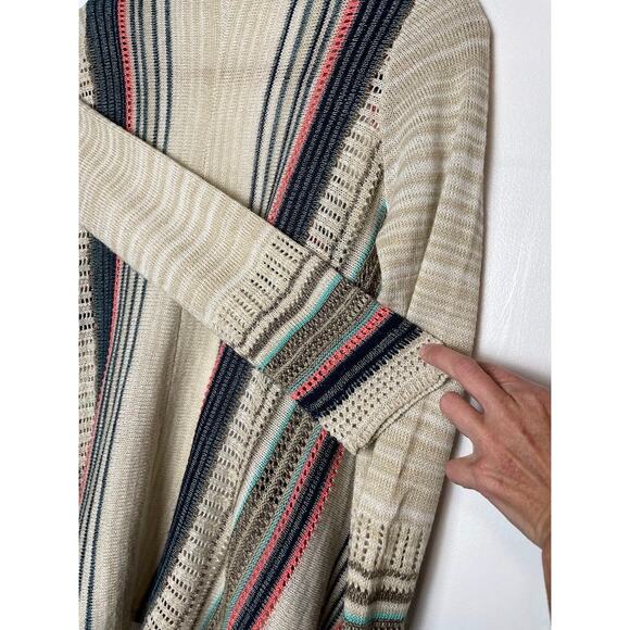 Multicolored Boho Cardigan Womens Medium Open Knit Beige Sweater Striped Top - Picture 9 of 11